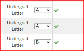 The grades that have been imported fill into the drop downs and check mark is in the column next to them.