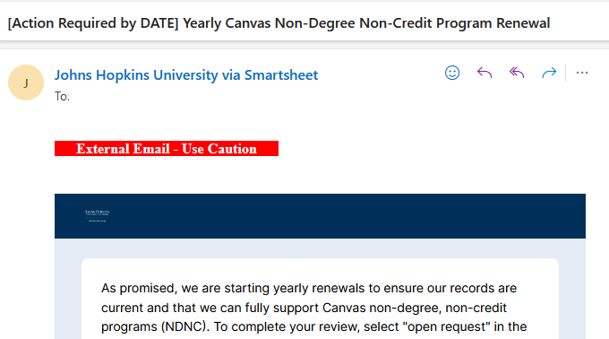 Header of an email from Johns Hopkins University via Smartsheet