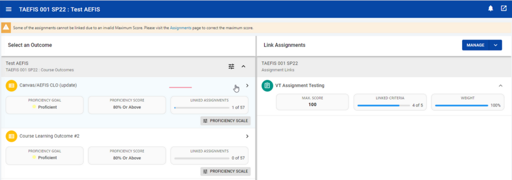 In AEFIS Assessments, it shows the outcomes associated with your course and then also the opportunity to link assessments. Any existing linked assessments are under "link assessments".