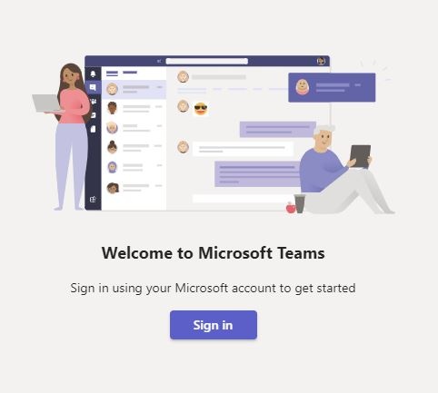 Welcome to Microsoft Teams page with a "Sign In" button.