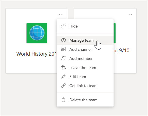 Clicking the menu on the class teams area provides additional options such as "Manage Team"