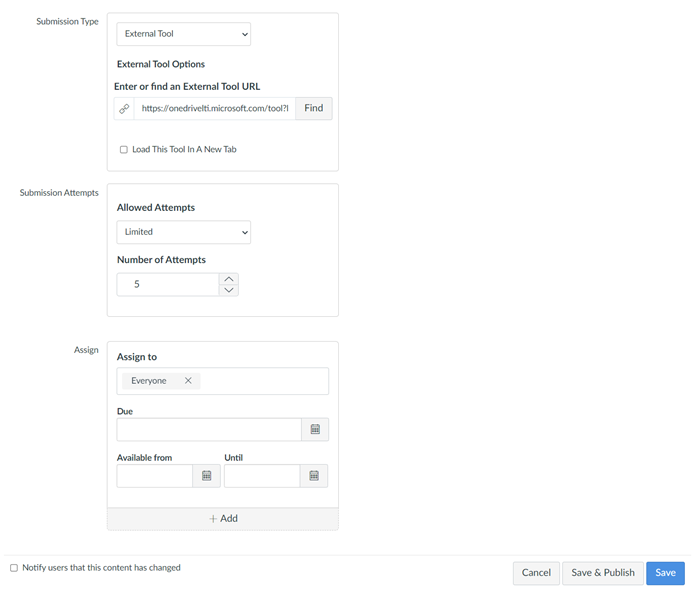 When editing an assignment, there are a number of setting options, including "Submission Type" (external tools), Submission Attempts, and Assign. Each of these menu have additional options to choose from. 