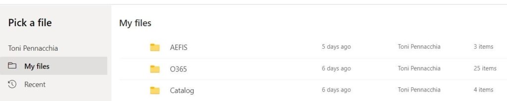 A view of a user's OneDrive including "My Files" and any files in that area. 