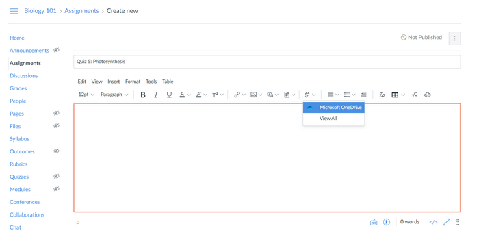 When creating an assignment in Canvas. On the menu there is an "apps" button with drop-down to connect to OneDrive. 