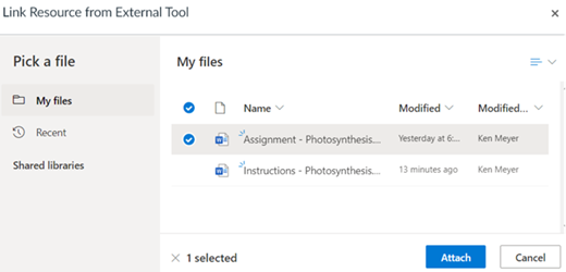 OneDrive enables users to pick a resource to attach using the external tool function