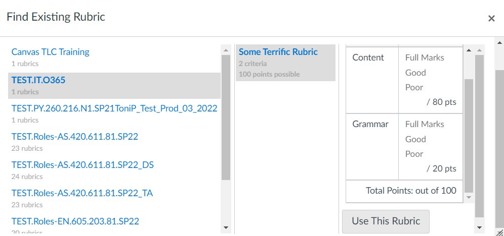 Search for the Existing Rubric to associated with the Assignment before adding the VoiceThread component.