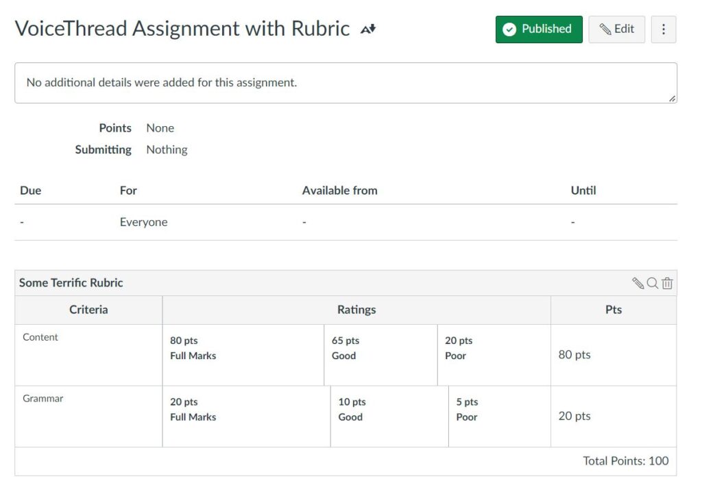 Here is a example of the Rubric added to the Assignment.