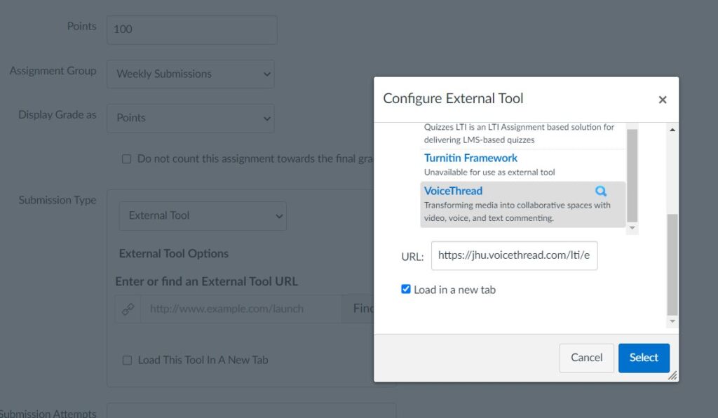 Go back and edit the Assignment changing the submission type to External Tool.