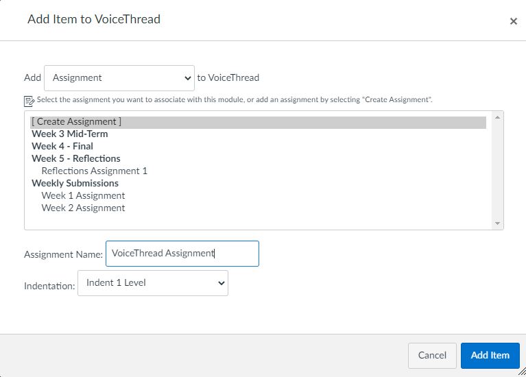 On the Modules page click on the plus (+) sign to add assignment.
Select Add Assignment.
Click on Create Assignment.
Add Assignment Name.
Click Add item.