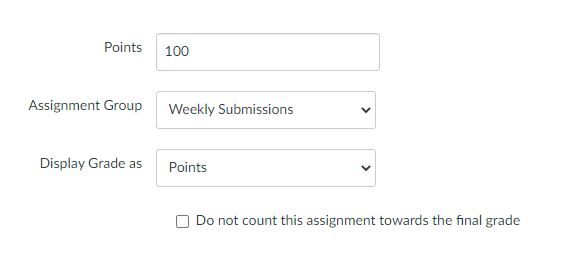 The Assignment will be placed at the bottom of the current Module.
Click on the Assignment link to launch the Assignment Page.
Click on Edit.
Update Points, Assignment Group and ensure Display Grade as is Points (Ex. 100 point).