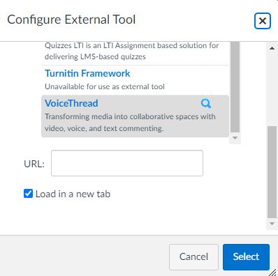 A Configure External Tool window will open. Move down and click on VoiceThread.