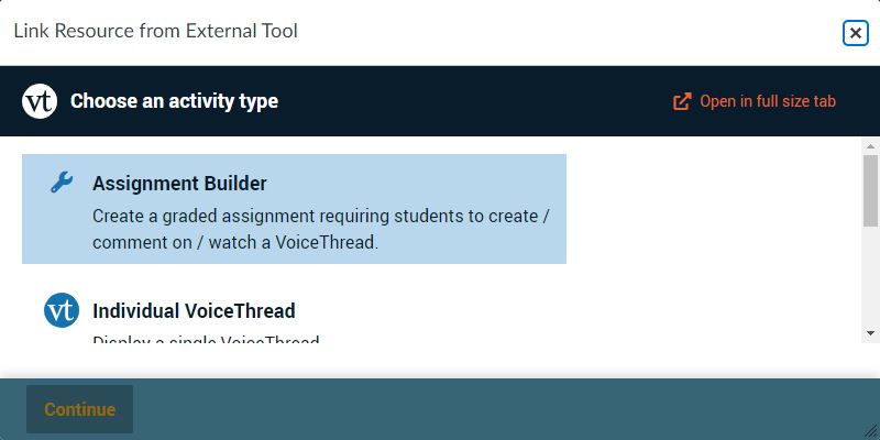 The VoiceThread window will open. Select Assignment Builder.