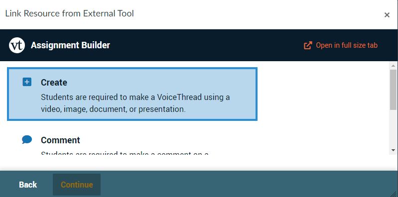 The Assignment Builder Window will open.
Click on Create and add all the elements for the assignment.
See next step for the Assessment Settings to apply before publishing.