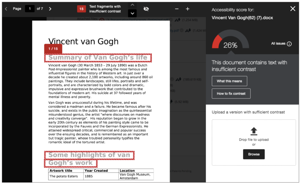 When viewing the report on a specific item (such as a document), Ally shows the accessibility score for the document. It also shows any key issues that need to be adjusted to make the document more accessible.