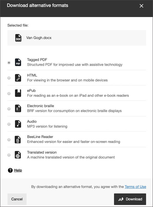 The Download Alternative Formats menu shows the file name and then a variety of format options that can be downloaded, including tagged PDF, HTML, ePub, electronic braille, audio, BeeLine Reader, and translated version.