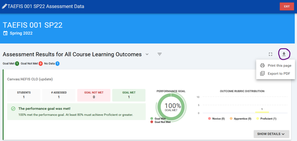 Reports can be downloaded by selecting the Export button and then choosing export as PDF.