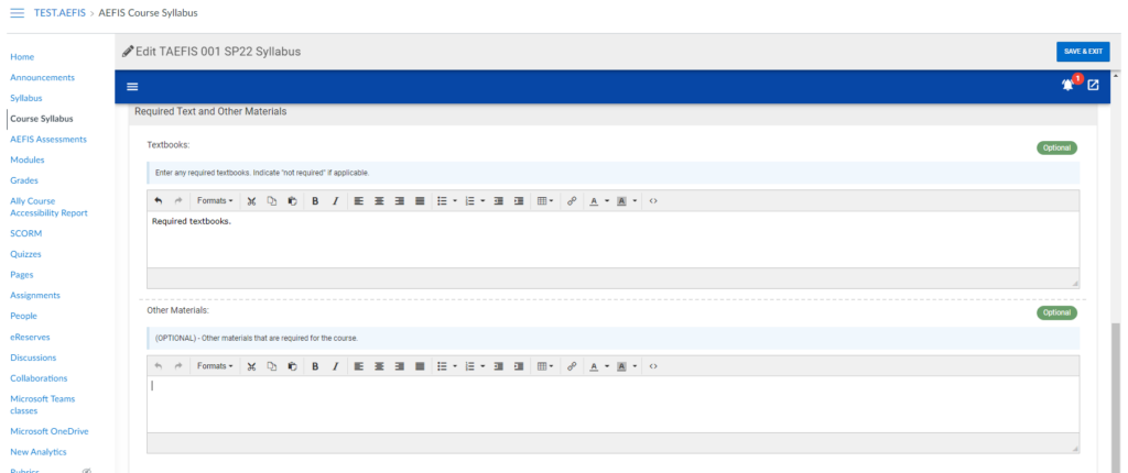 A view of the course syllabus with multiple boxes to type into.