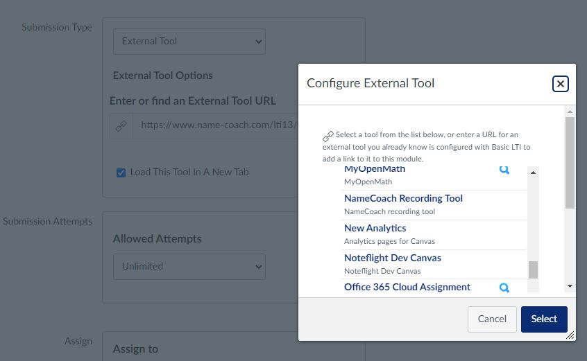 A pop-up window will appear.  Scroll through the list of options to locate.  Select Namecoach Recording Tool. Click the Select button.