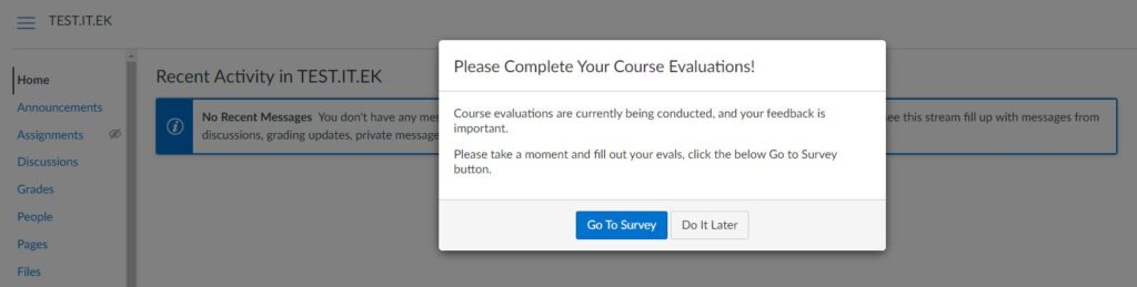 Additionally, a pop-up appears for students who have a survey due from the dashboard or in their course.