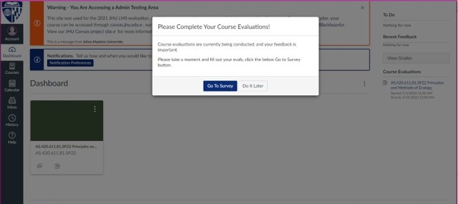 A pop-up appears for students who have a survey due in the course.