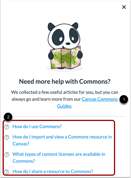 To access all the Commons guides, click the Canvas Commons Guides link. To access a specific Commons guide, click the link of the corresponding guide.
