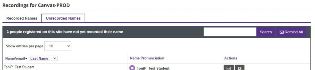 NameCoach Recording Tool Teacher View from Course Navigation - Unrecorded Names