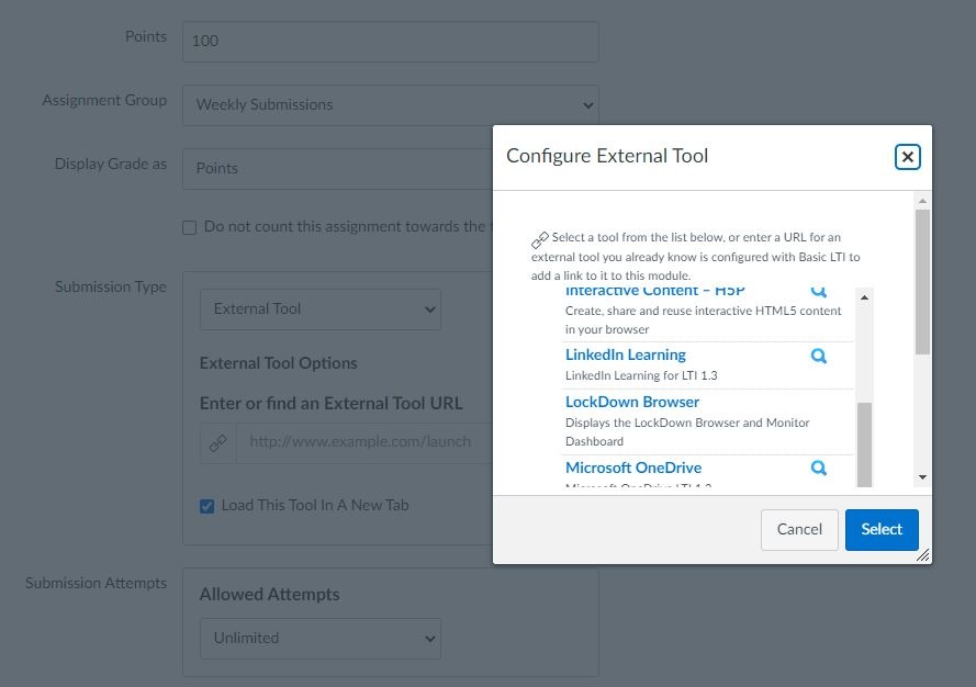 Select LinkedIn Learning from the options available to the course.