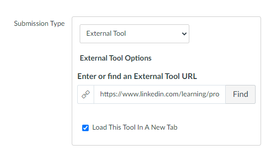 Once it populates into the Assignment, you can check to Load This Tool In A New Tab. Click Save when done.  Grades will sync when a student completes the course (views videos, passes quizzes is there are any setup in the course or video requirements linked).