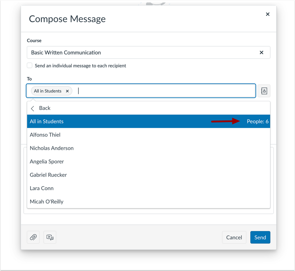 In the Inbox, when composing a message to all members with a specific user role in a course, the number of users in that specific role displays. This update allows users to view how many people will receive the message in a specific user role.