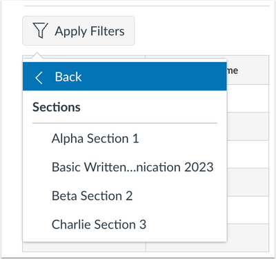 Gradebook Sections Filter - In the Gradebook, section titles are listed alphabetically.