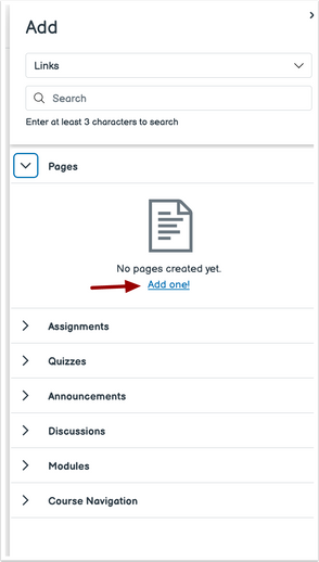 When adding a course link, you can add a new item by clicking the Add One link for course link options with nothing added yet.