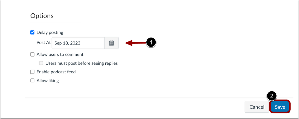 In an announcement, when the delay posting date is set in the future, the Publish button text is changed to Save.  If its checkbox is unchecked or the date set is in the past, the button text displays Publish.