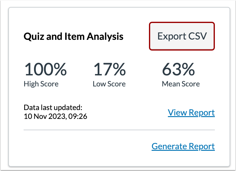 Quiz and Item Analysis Export CSV Button