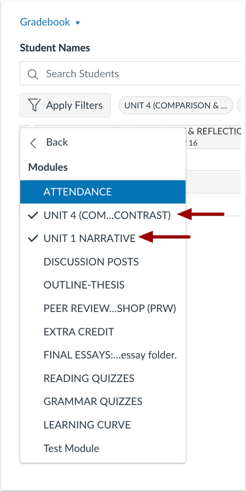 Gradebook Multi Select Filters -  Instructors can select multiple filter options when viewing the Gradebook.
