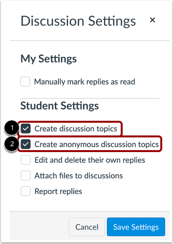 To allow students to create anonymous course discussions, click the Create anonymous discussion topics checkbox, in the settings options. 