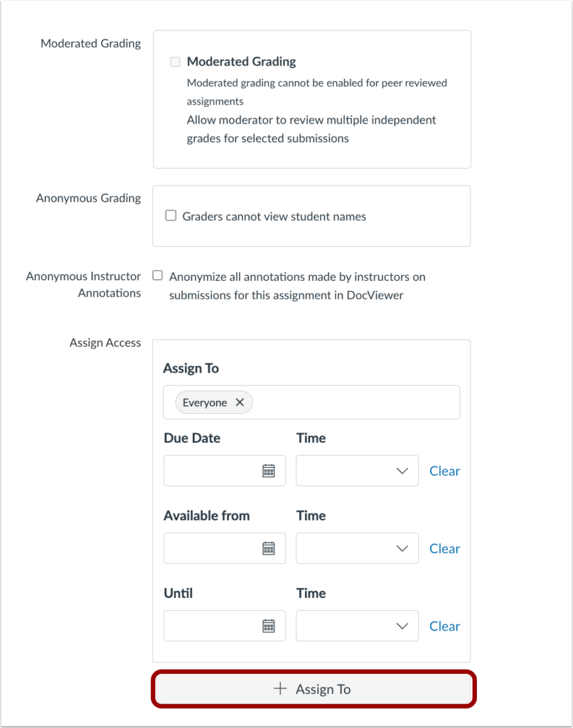 When using the Edit page for Assignments, Discussions, Pages and Quizzes, to differentiate student or section access, click the Add Assign To button.