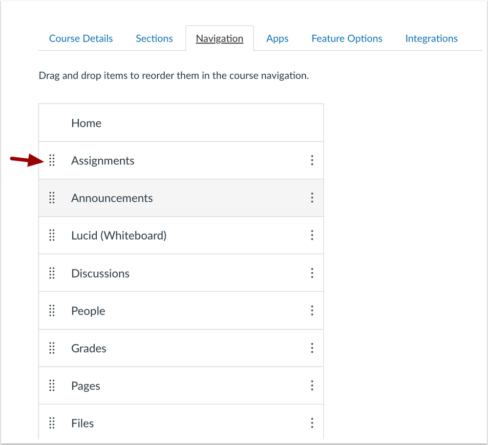 In Course Navigation Settings, a drag icon displays and each item displays increased white space.
