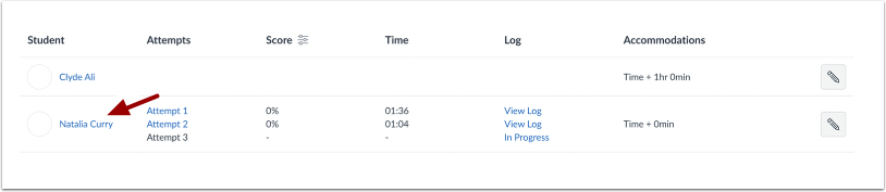 On the Moderate page, the course-level accommodation modal is linked to the student’s name.