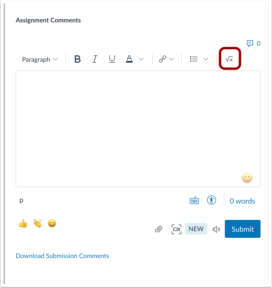 When writing a comment in SpeedGrader, click the Equation icon to add math equations. Then, the Equation Editor displays for instructors.