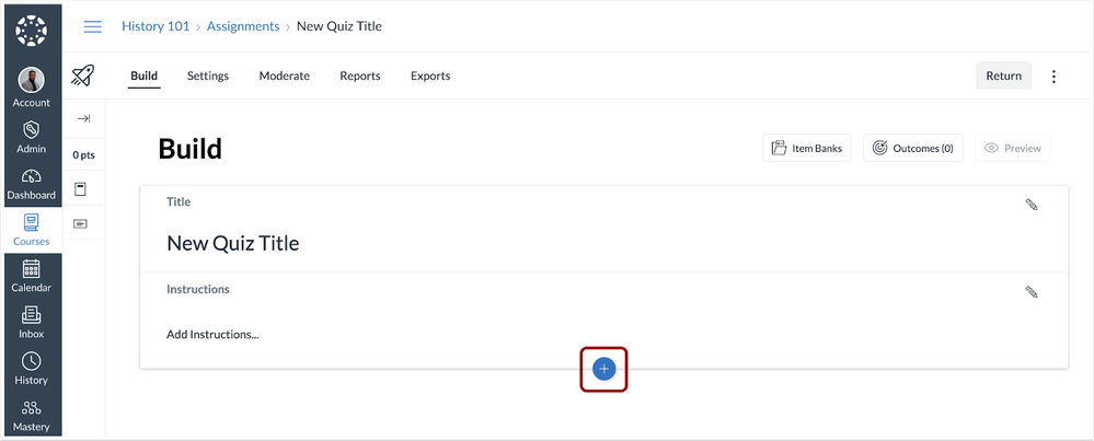 To add a text block to a quiz, click the Add button in a quiz. Click the Text Block button.