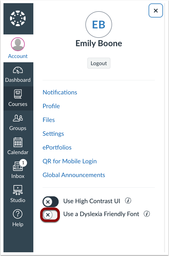 In User Settings, a Use dyslexia friendly font feature option displays in User Settings. Click the Dyslexia-Friendly Font toggle to enable or disable font from the Account link in the Global Navigation menu.