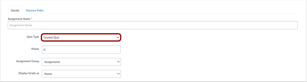 When creating a quiz, click the Quiz Type drop-down menu to select the survey type.