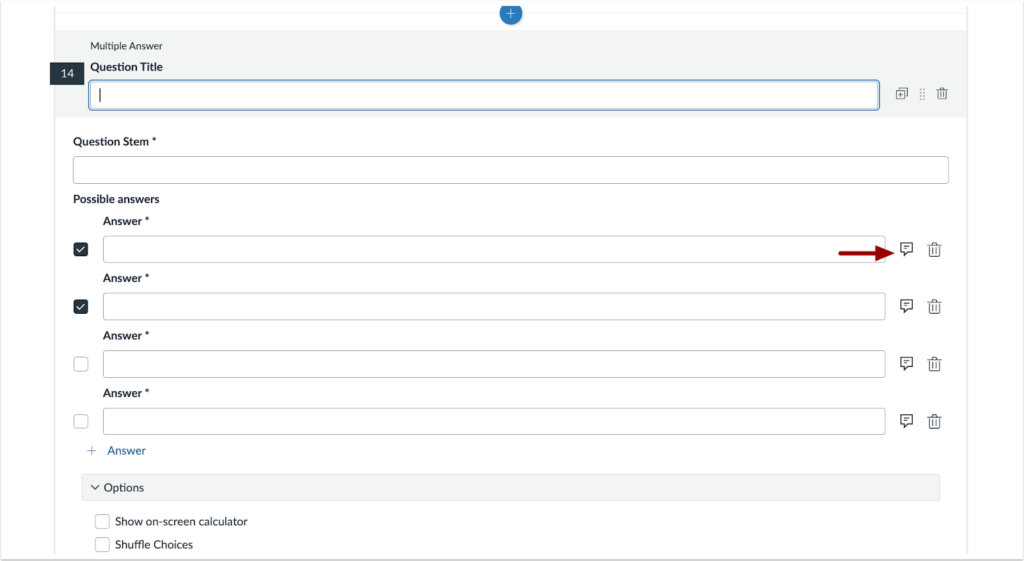 In New Quizzes, instructors can provide feedback for each answer in multiple-answer questions. Students can view answer feedback after completing the quiz.