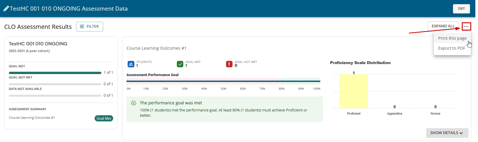 Assessment data export options; print and export to PDF