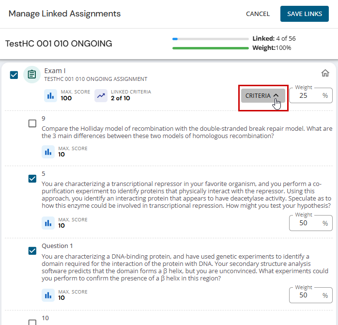 Assignment linking using the criteria option