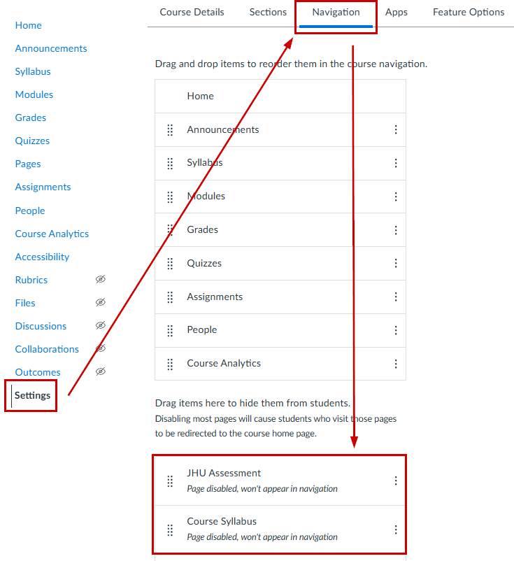 HelioCampus menu items within Navigation settings