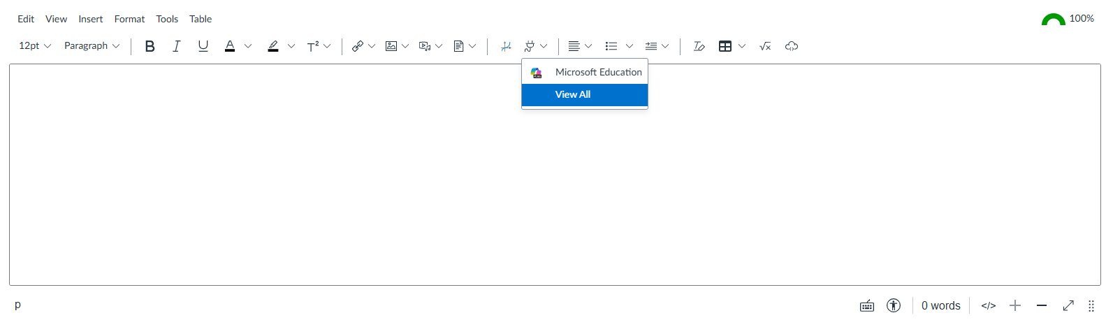 To include instructions about the assignment as an Office file within your assignment, select the Power Plug icon in the editor and select Microsoft Education.  